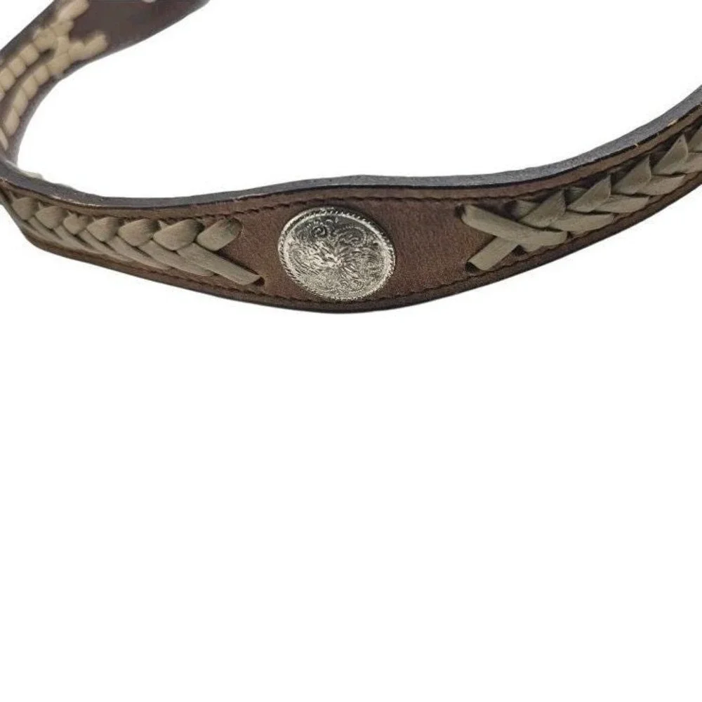 VTG Tex Tan 28872 Brown Leather Western Belt Silver Conchos Braided‎ Inset Sz 28